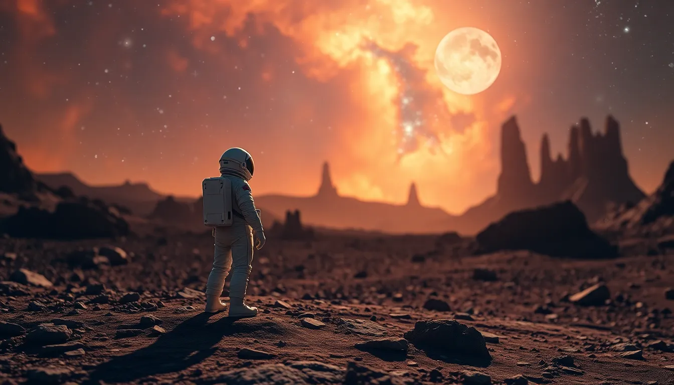 Astronaut on Rocky Planet Surface