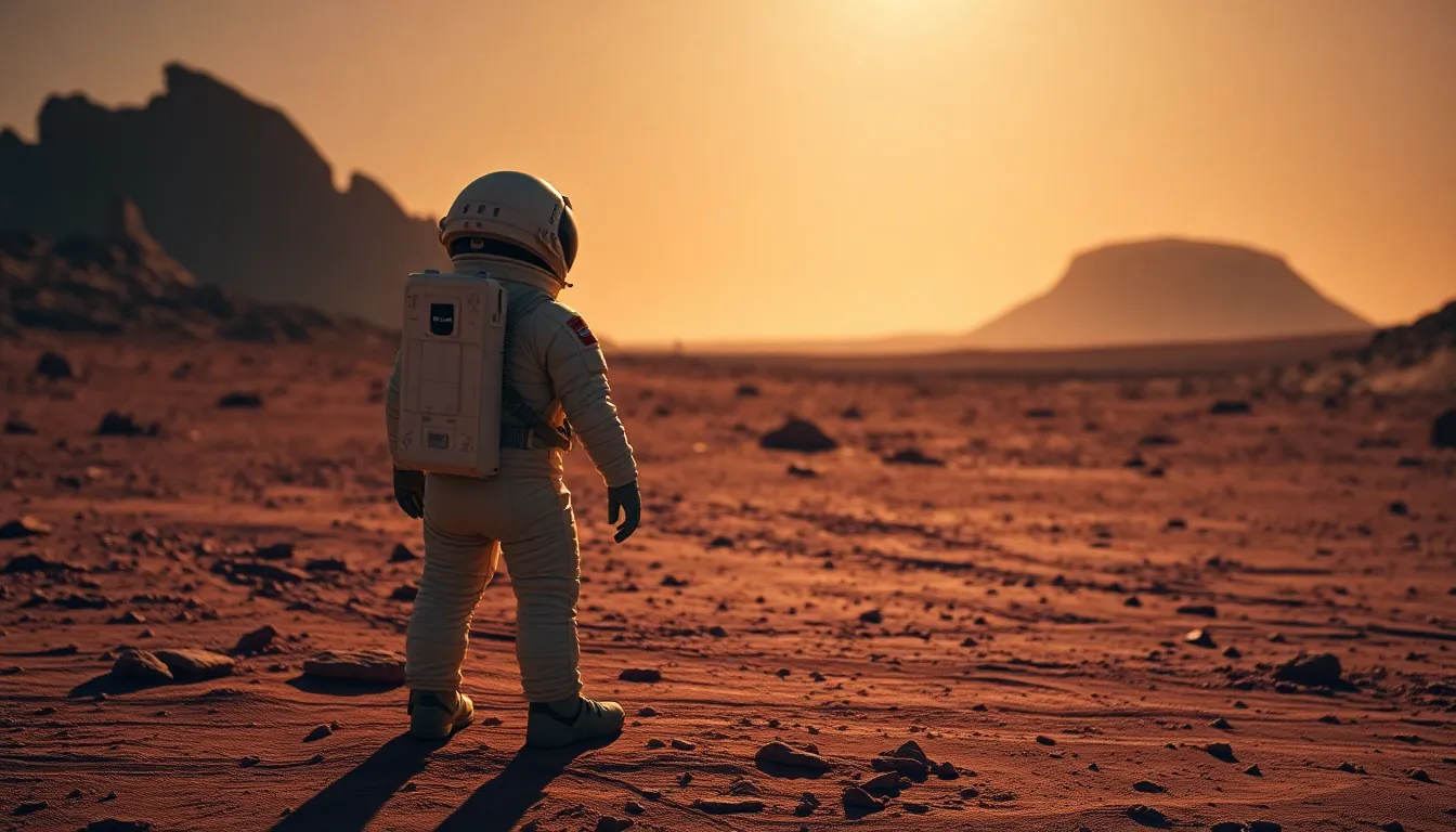 Astronaut on Mars Surface This captivating image features a lone astronaut standing on the red surface of Mars, illuminated by natural sunlight. The scene conveys a sense of isolation and adventure, with a vivid palette of deep reds and browns. The astronaut's suit is detailed with dust, enhancing the realism of the extraterrestrial setting. The vastness of Mars is captured through leading lines, drawing the viewer's eye towards distant geological formations, evoking wonder about space exploration.