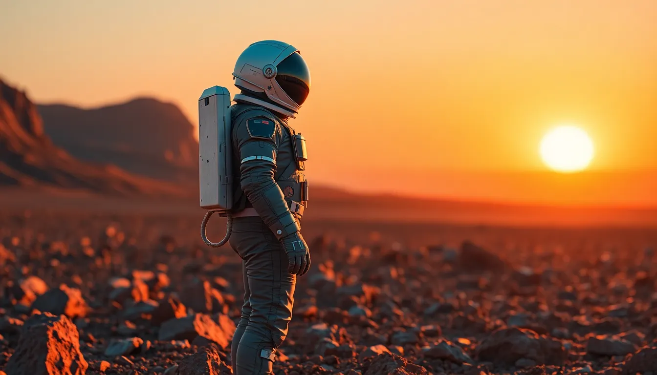 Astronaut on Martian Landscape at Sunset