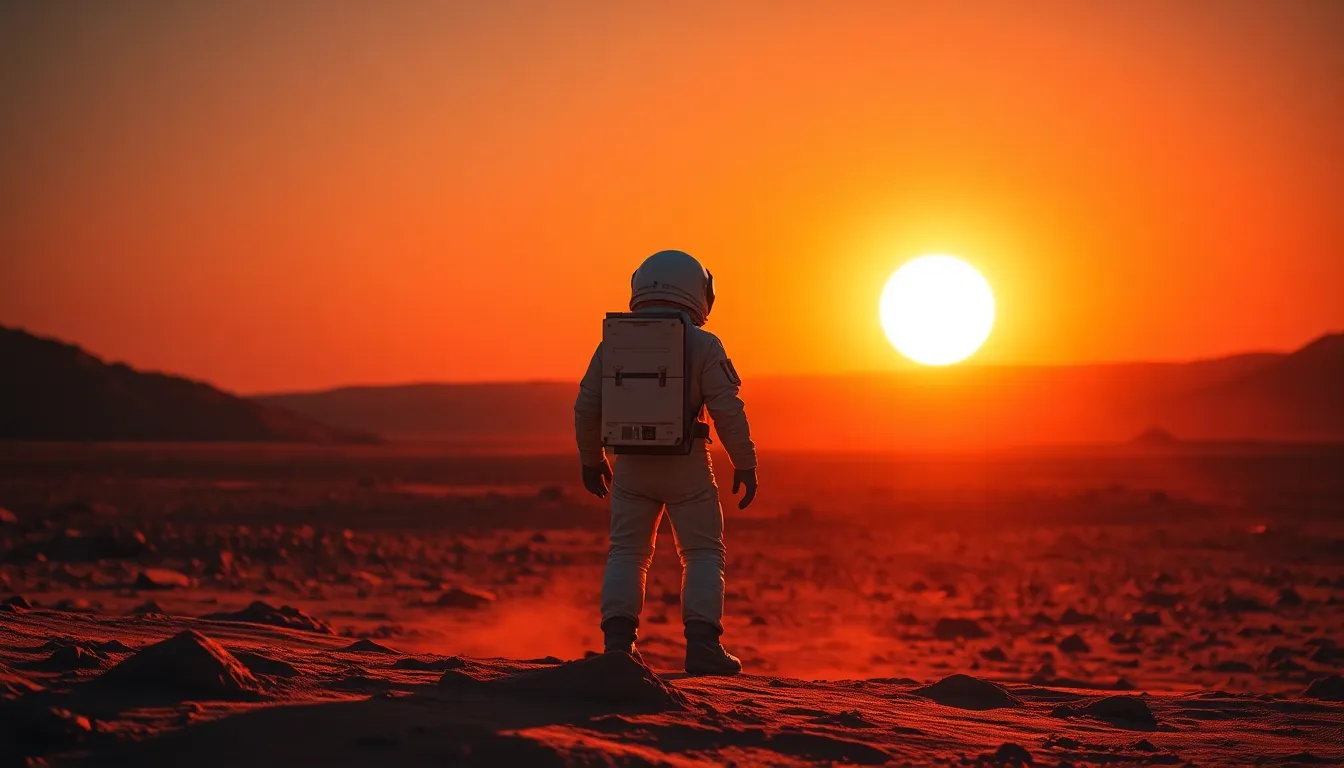 Astronaut on Mars at Sunset This image showcases a lone astronaut standing on the red, dusty surface of Mars during a breathtaking sunset. The soft orange light contrasts beautifully with the deep blue sky, creating an ethereal atmosphere. The detailed texture of the astronaut's suit and the rocky terrain are captured with exquisite clarity. As the scene unfolds in a wide composition, the vastness of Mars is emphasized, highlighting the isolation of space exploration.