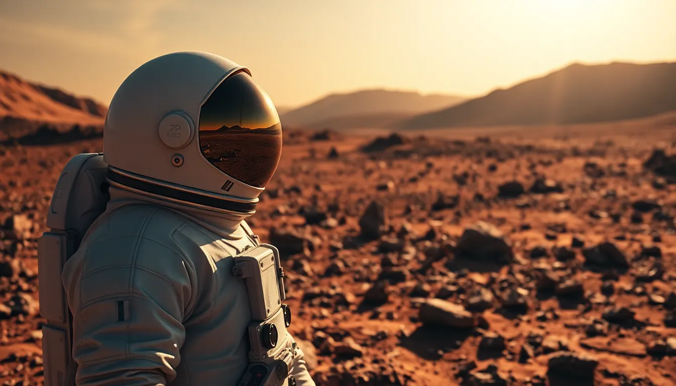 Astronaut on Mars Exploring Rocky Terrain