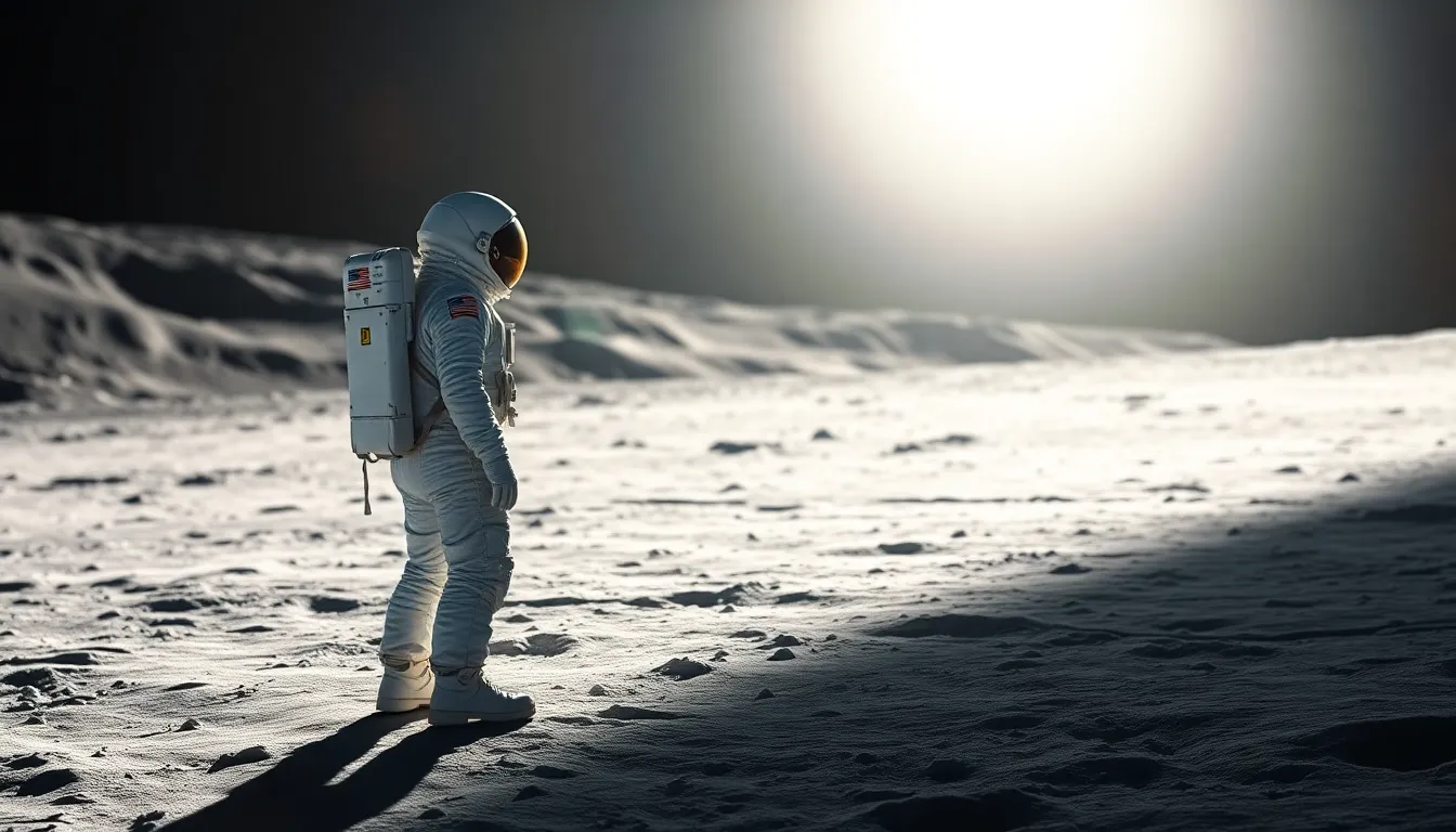 Astronaut on Moon with Dramatic Shadows This striking image portrays a solitary astronaut on the Moon, surrounded by a rugged, cratered landscape. The intense sunlight casts dramatic shadows that enhance the stark textures of the lunar surface. Emphasizing isolation, the astronaut's detailed suit stands out against the muted colors of the terrain. The composition draws the eye to the right, suggesting the vastness of space beyond.