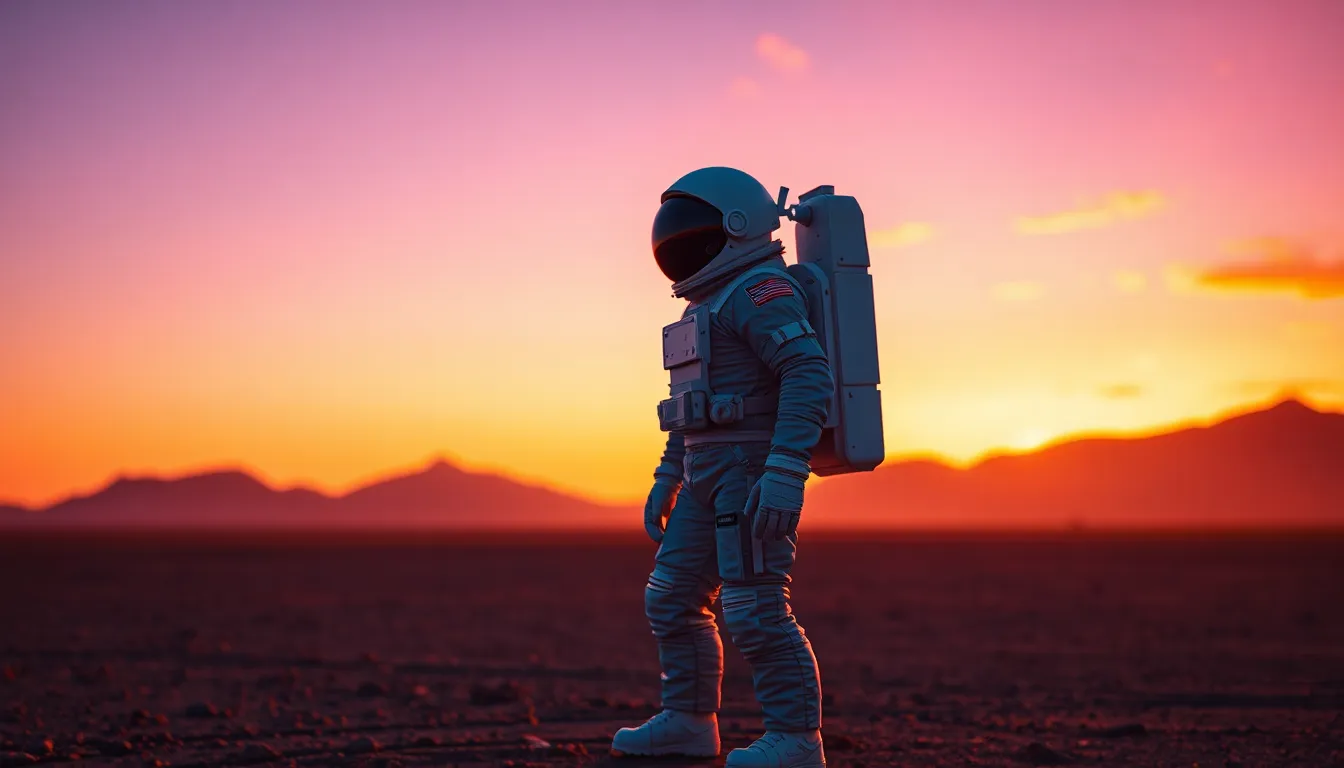Astronaut on Distant Planet at Sunset