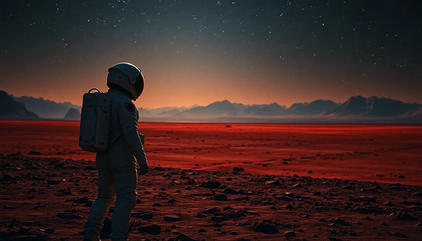 Astronaut on Mars Under Starry Night This captivating image features an astronaut standing on the Martian surface, gazing up at a breathtaking night sky filled with stars. The scene is illuminated by soft moonlight, creating delicate shadows and emphasizing the red terrain. With a saturated color palette, the contrast between the deep reds of Mars and the dark sky enhances the sense of isolation and wonder. The composition draws the eye to the astronaut, highlighting the exploration spirit of space travel.