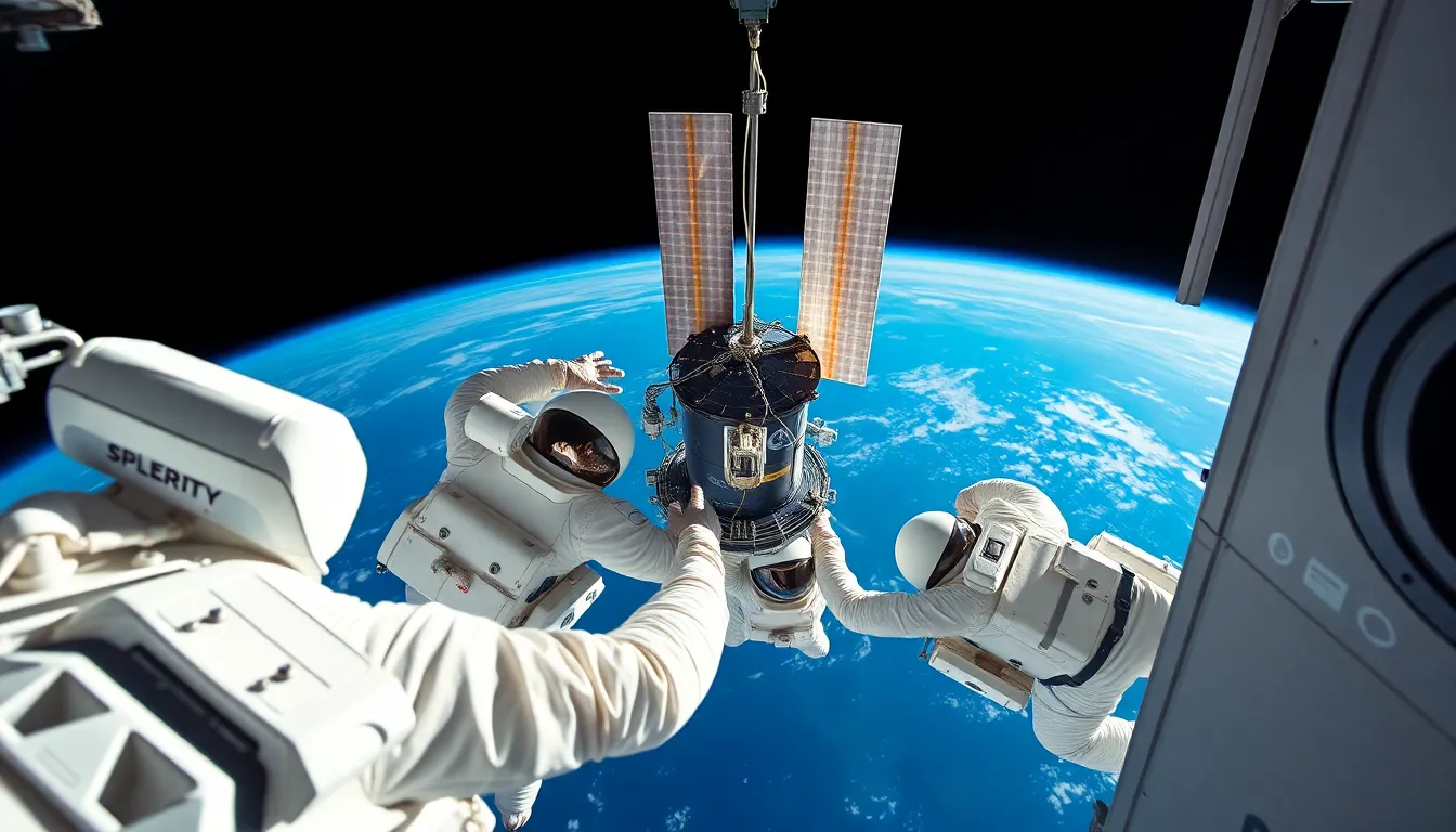 Astronauts Assembling Satellite in Orbit This engaging scene captures multiple astronauts collaborating to assemble a satellite in the vast silence of space. Natural sunlight illuminates their suits against the backdrop of Earth, showcasing the beauty and isolation of their work environment. The clarity of the image draws attention to both the astronauts and the planet, creating a harmonious balance. This composition highlights the essence of teamwork in the challenging realm of space exploration.