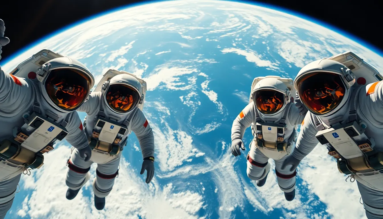 Astronauts Conducting a Spacewalk A stunning view of astronauts conducting a spacewalk, with Earth dramatically appearing in the background. The sunlight glints off their helmets, and the vibrancy of the planet contrasts beautifully with the blackness of space. This image captures the cooperative spirit of space exploration, showcasing the intricate details of the astronauts' suits. The composition balances the figures against the curvature of Earth, creating a sense of connection between the astronauts and their home planet.