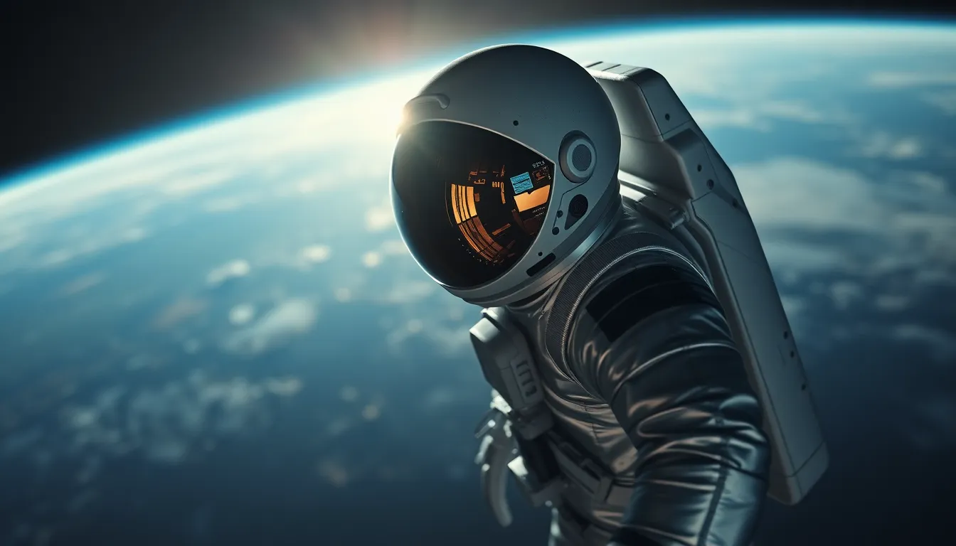 Astronaut Floating in Space with Earth A stunning image features a lone astronaut floating amid the infinite blackness of space, with Earth beautifully illuminated in the background. The cosmic scene is enhanced by the sun's glow highlighting the sleek space suit, showcasing intricate details like reflections and textures. This image captures the awe-inspiring vastness of space and the adventurous spirit of space exploration, making it perfect for editorial use.