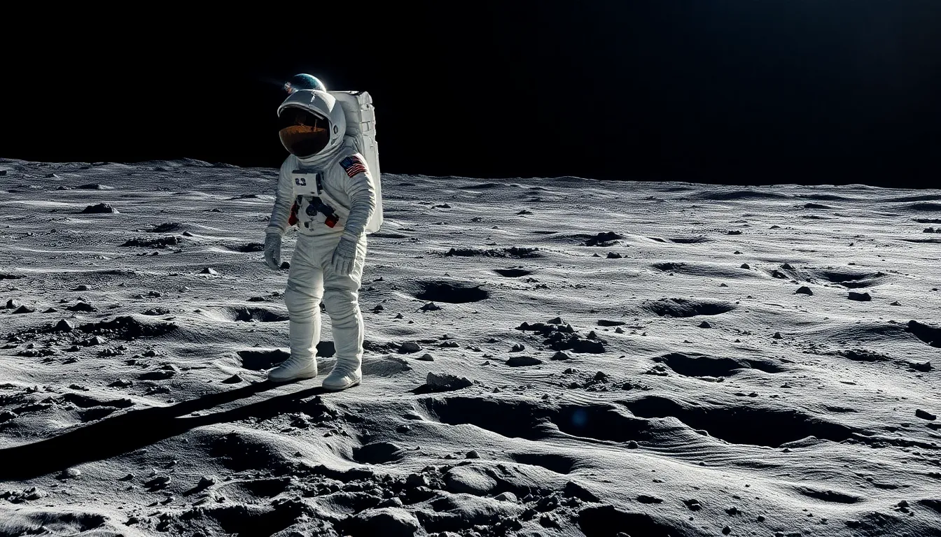 Astronaut Standing on the Lunar Surface In this stunning image, an astronaut stands on the barren lunar landscape, gazing at the Earth as it rises majestically in the background. The sharp contrast between the dark moon and the vibrant Earth captures the grandeur of space. Sunlight casts stark shadows, highlighting the fine textures of the lunar dust and craters. The photo evokes feelings of isolation and wonder, perfectly showcasing the beauty of our planet from a celestial perspective.