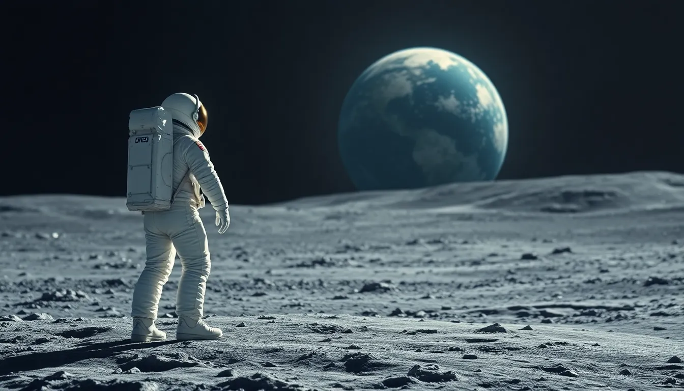 Astronaut Gazing at Earth from the Moon This stunning image captures a lone astronaut standing on the Moon's surface, gazing back at Earth as it rises in the background. The soft overcast light emphasizes the lunar landscape's textures, while the astronaut's white suit pops against the muted greys of the Moon. With a shallow depth of field, the background craters melt into a soft blur, reinforcing the astronaut's solitude. The overall mood evokes feelings of exploration and the vastness of space.