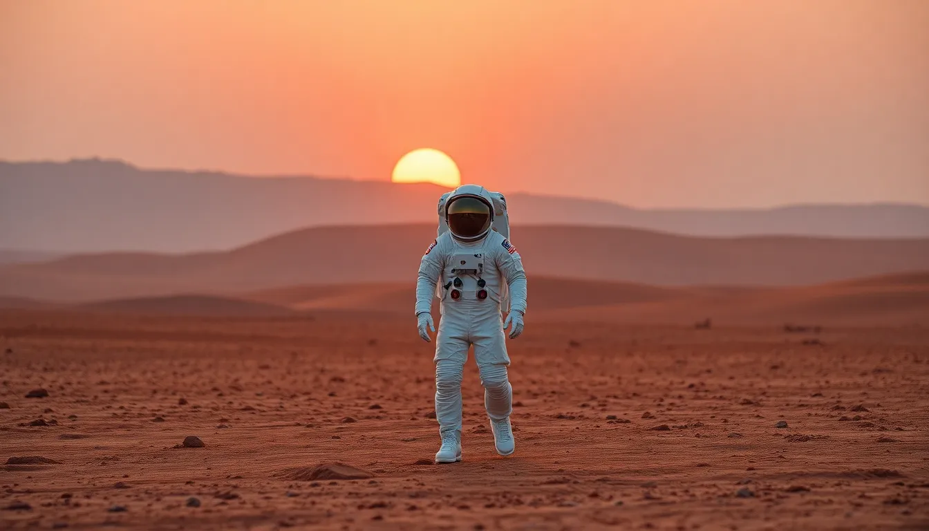 Astronaut Exploring Mars at Sunset An astronaut is depicted standing alone on the reddish terrain of Mars during a breathtaking sunset. The reflective visor of the space suit captures the vibrant oranges and reds of the sky, contrasting sharply with the dusty ground. The image emphasizes the vastness of space exploration, invoking feelings of solitude and wonder. The textured Martian surface is beautifully detailed in the foreground, enhancing the realism of this extraterrestrial scene.