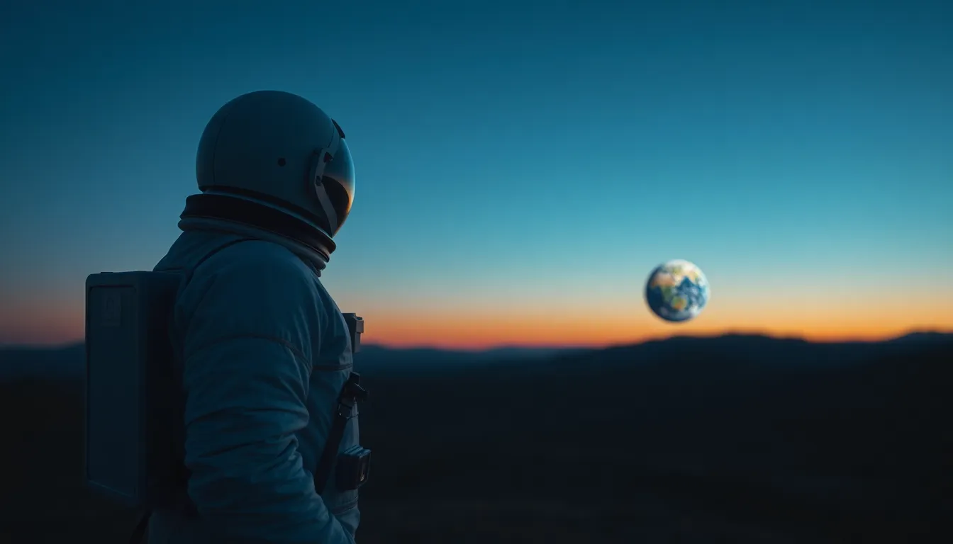 Astronaut Gazing at Earth from Distant Planet