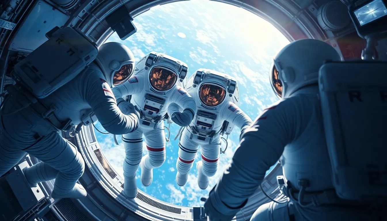 Astronaut Team Conducting Spacewalk This dynamic image captures a team of astronauts conducting a spacewalk around a brilliant spacecraft. Bright sunlight illuminates their suits, creating stunning contrasts of light and shadow. The astronauts are sharply in focus, with the spacecraft softly blurred in the background, emphasizing their impressive activity in the vastness of space. The vibrant blue and white color palette enhances the gleaming materials of the suits and spacecraft, while the composition strategically places the astronauts along the frame's edges, adding a sense of movement and action to the scene.