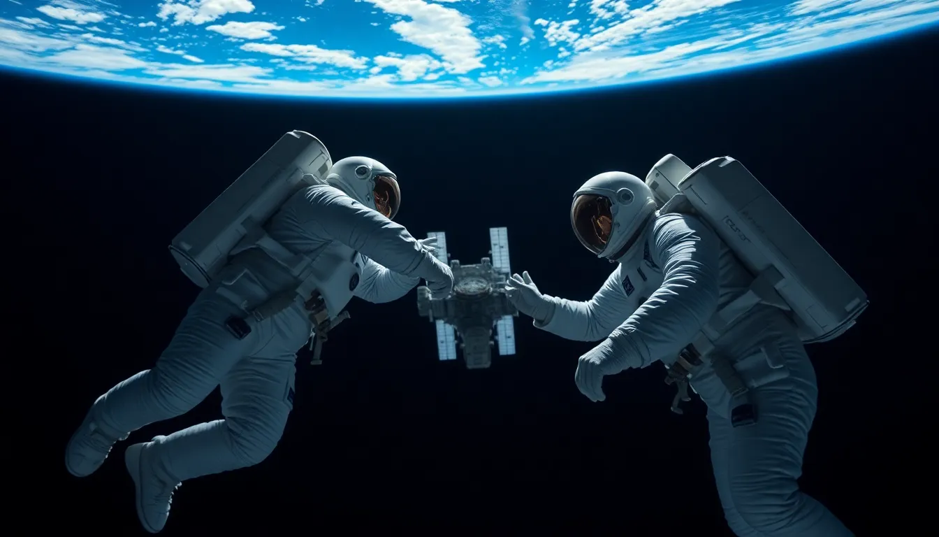 Astronauts Repairing Satellite in Space