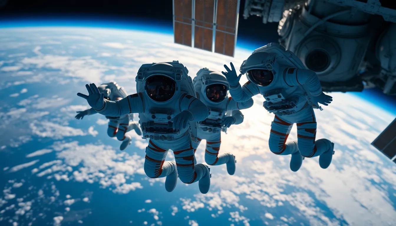 Astronauts Performing Spacewalk with Earth Backdrop In this breathtaking image, a team of astronauts is captured performing a spacewalk outside the Space Shuttle, with the stunning Earth visible in the background. The bright sunlight creates high contrast, illuminating their suits against the deep void of space. Shallow depth of field ensures the astronauts are in sharp focus, while the Earth creates a mesmerizing bokeh effect. The composition adheres to the rule of thirds, enhancing the visual appeal while showcasing the vibrant blues and greens of our planet against the blackness of space.