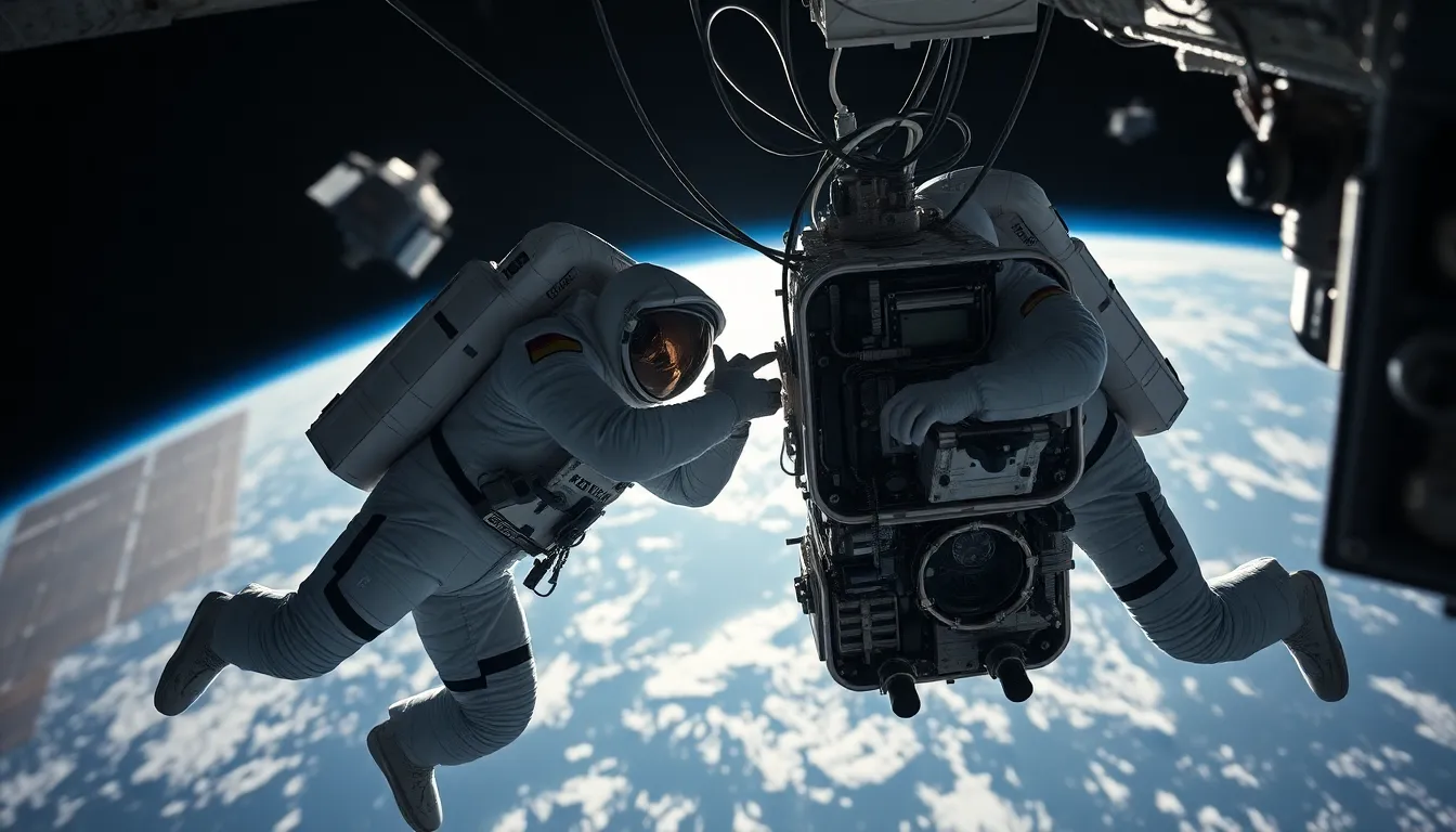 Astronauts Repairing Satellite in Space