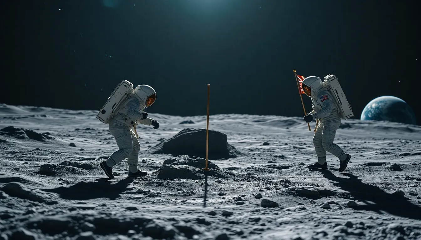 Astronauts on the Lunar Surface Planting a Flag