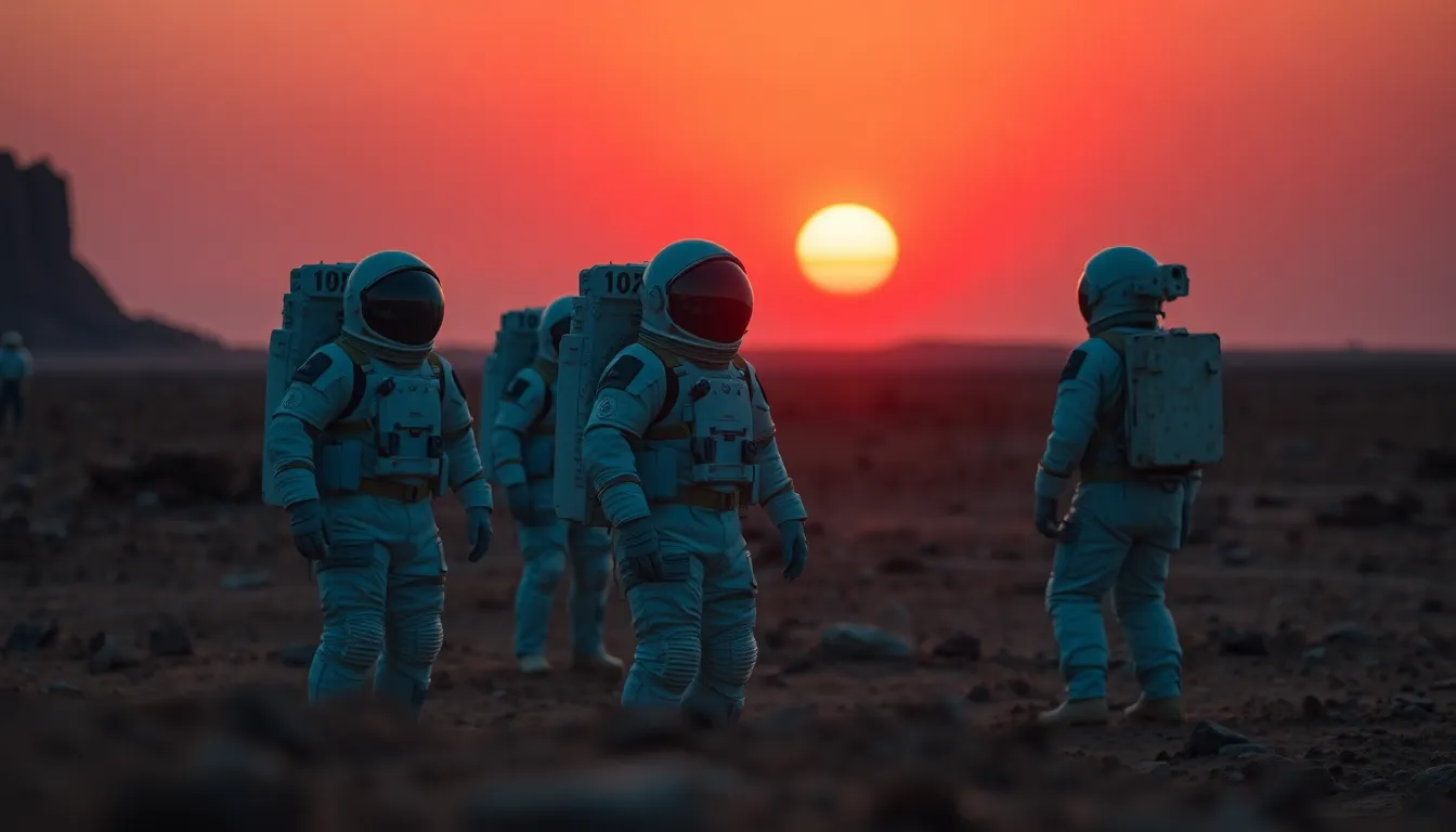Astronauts Exploring Mars at Sunset