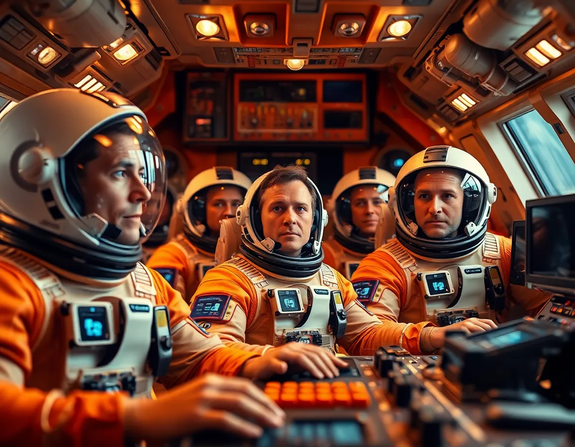 Astronauts Collaborating in Spacecraft Cockpit