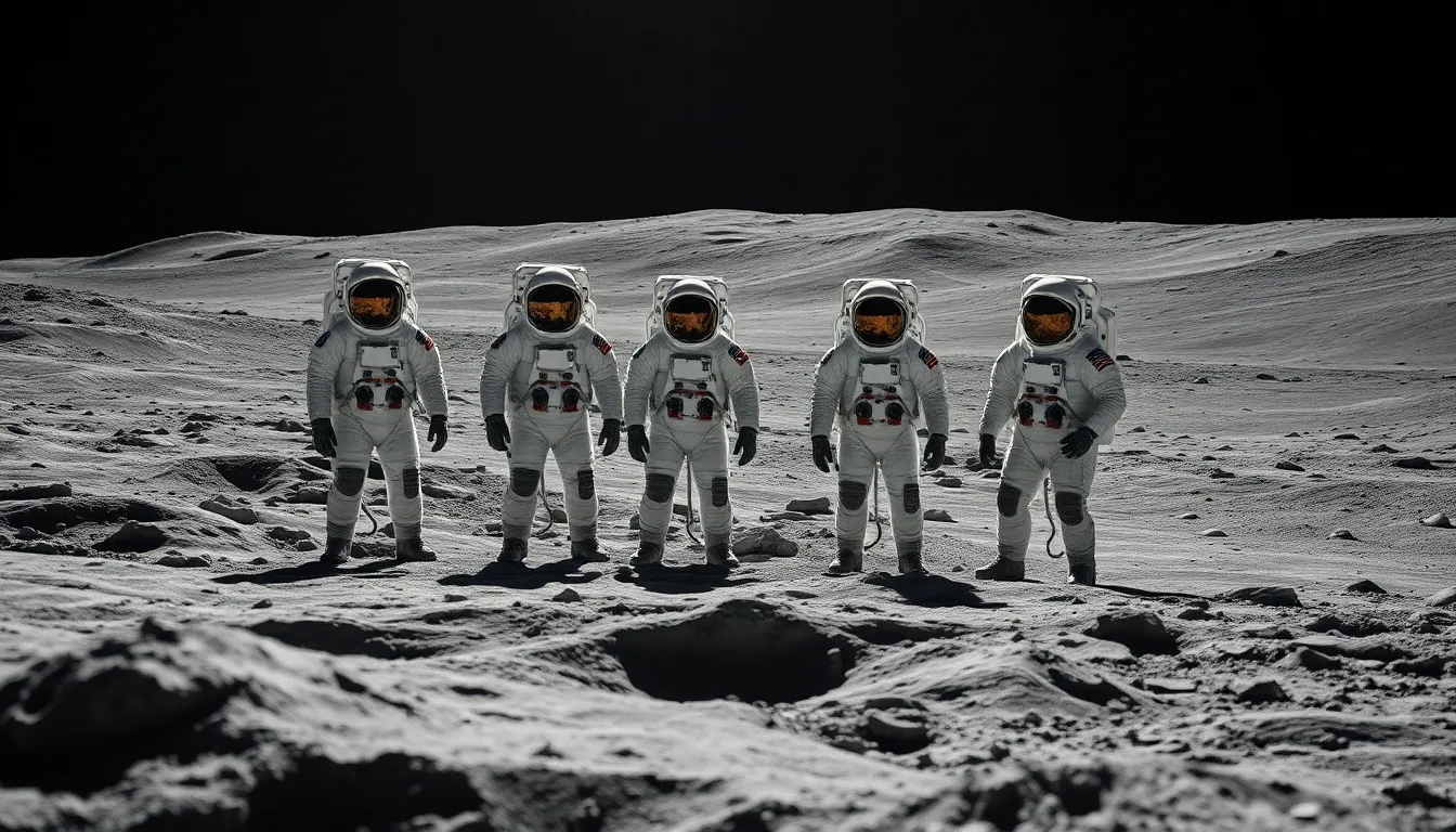 Astronaut Team on Lunar Surface A dynamic team of astronauts explores the lunar surface, surrounded by the stark beauty of the moon's rugged landscape. Captured under bright sunlight, the image highlights intricate textures of the lunar dust and craters, contrasting with the astronauts' suits. The composition effectively showcases teamwork, with the astronauts arranged in a triangular formation, symbolizing collaboration in exploration. This scene embodies the spirit of discovery and the challenges faced in space ventures.