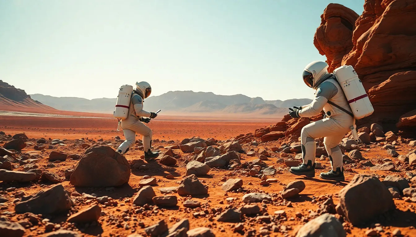 Astronauts Researching in Martian Landscape A captivating scene showcasing a team of astronauts engaged in scientific research on the rugged terrain of Mars. The bright midday sun illuminates their activities, casting sharp shadows and creating a vivid play of light across the dusty red landscape. The hyperfocal depth of field captures every detail from the rocky foreground to the distant hills, enhancing the immersive experience. This dynamic composition reflects the teamwork and dedication involved in exploring the unknown frontiers of our solar system.