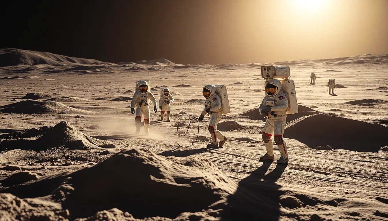 Astronauts Working on the Lunar Surface On the surface of the moon, a team of astronauts diligently conducts research, their reflective suits glistening under the bright morning sun. Long shadows stretch across the fine lunar dust, creating a dramatic contrast with the stark landscape. The image captures the pioneering spirit of exploration, with leading lines directing the viewer's gaze toward the focused team engaged in their important work. The desaturated earth tones enhance the mood of discovery in this otherworldly setting.