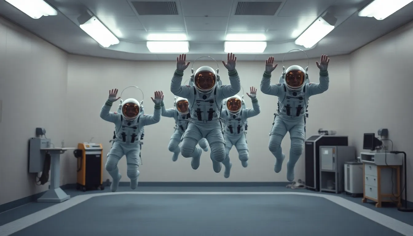 Astronauts Training in Zero-Gravity Simulator This engaging image captures a dynamic training session for astronauts in a zero-gravity simulator, set within a high-tech facility. Overhead fluorescent lights illuminate the scene with bright efficiency, revealing astronauts floating and practicing teamwork amidst simulation equipment. The composition uses the rule of thirds to create balance, while the natural and muted colors reflect the sterile training environment. Shallow depth of field draws focus to the astronauts, enhancing the sense of movement and excitement in preparation for their space missions.