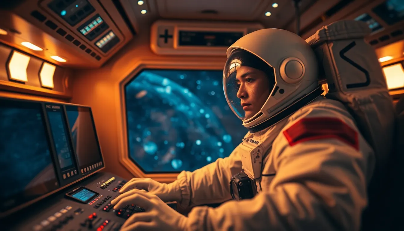 Astronaut Operating Spacecraft Controls Inside a spacecraft, an astronaut diligently operates the controls, illuminated by warm practical lighting that creates an inviting ambiance. The mix of warm and cool colors highlights the contrast between the cozy cockpit environment and the cold, dark expanse of space outside. With the focus on the astronaut’s face and hands, the image conveys the intensity of their task. This scene captures the essence of human ingenuity and determination in the exploration of space.
