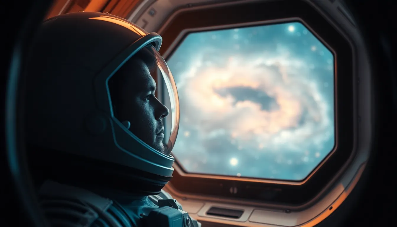 Astronaut Gazing at Distant Galaxies