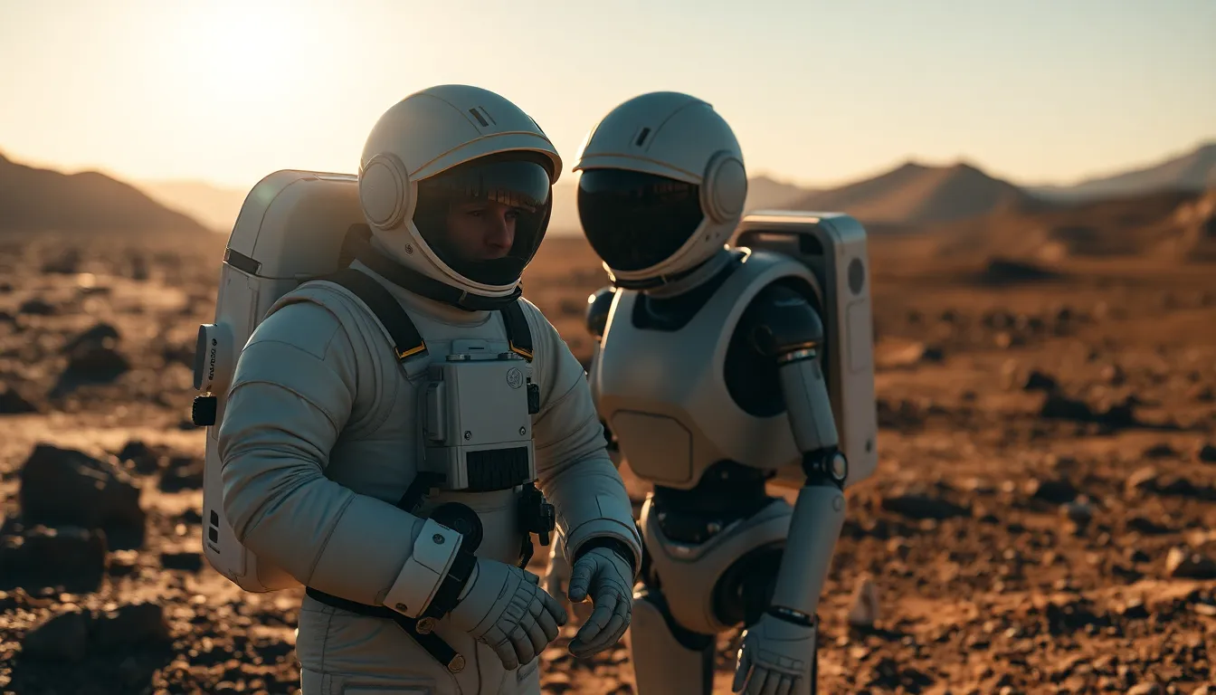 Astronaut Collaborating with Robot on Planetary Surface