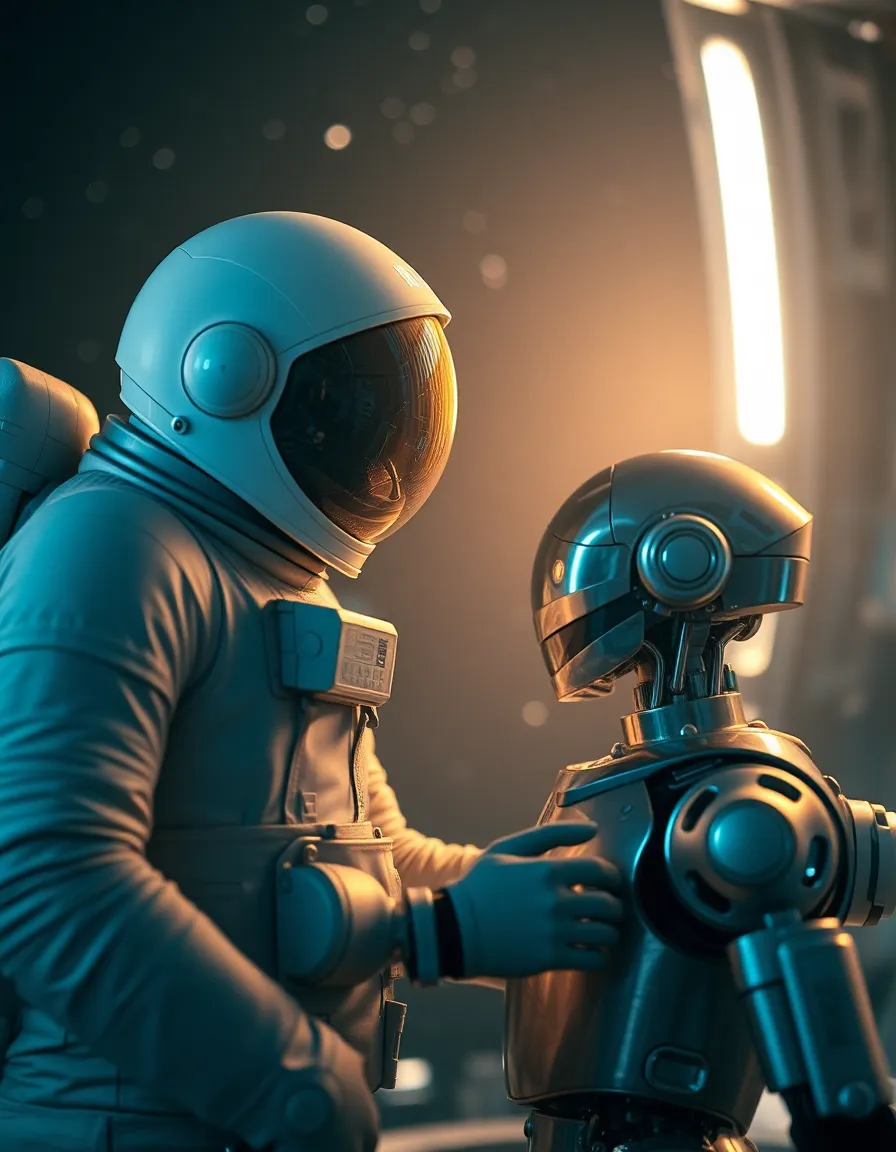 Astronaut and Robot Collaborating in Space