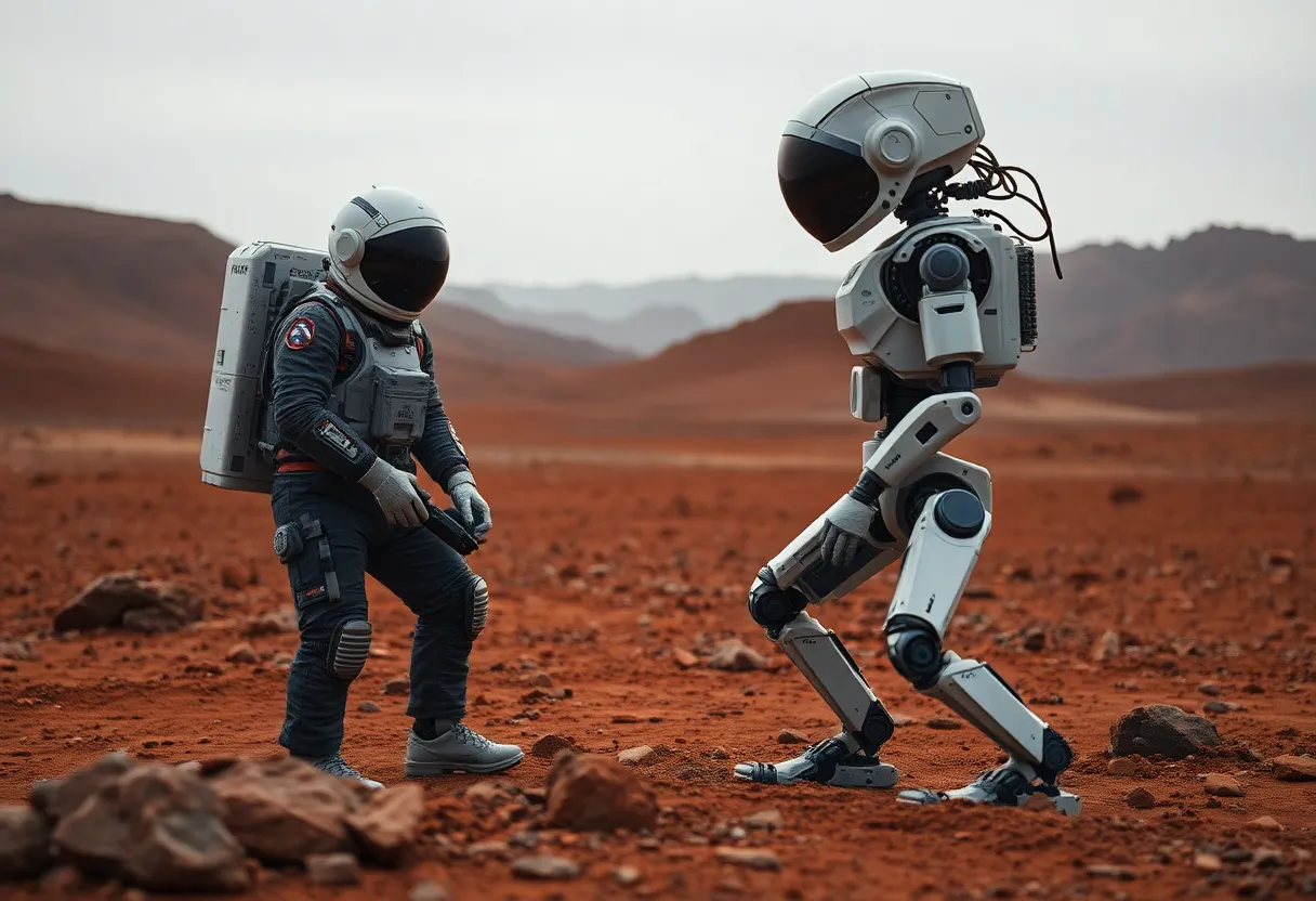 Astronaut and Robot on Mars Collaborating