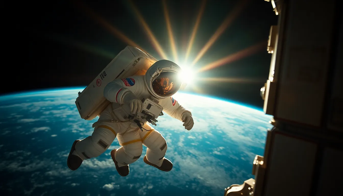 Astronaut Performing Spacewalk This stunning image depicts an astronaut performing a spacewalk, illuminated by the brilliant sunlight that creates a glowing halo around their suit. The intricate details of the astronaut's gear and the spacecraft are sharply rendered against the blackness of space, emphasizing the vastness of the environment. The composition, enhanced by leading lines, brings focus to the intense work being done outside the spacecraft. With rich color grading, this image captures the beauty and thrill of human activity beyond Earth.