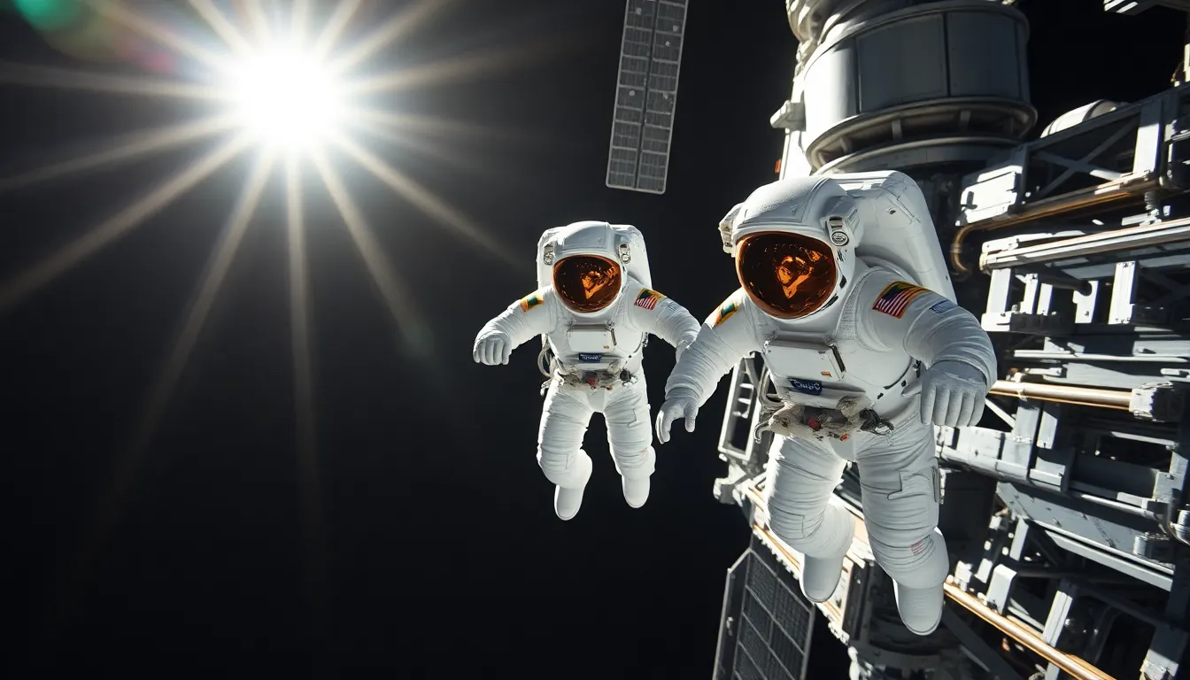 Astronaut Spacewalk Near Futuristic Space Station