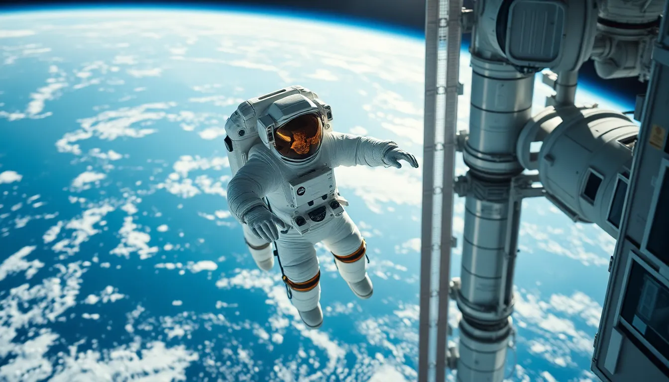 Astronaut on Spacewalk This captivating image showcases an astronaut during a spacewalk outside the International Space Station. The bright sunlight creates dramatic contrasts and highlights the intricate details of the astronaut’s suit while the Earth can be seen far below, adding depth and scale to the scene. Sharp whites and metallic grays dominate the color scheme, enhancing the futuristic feel of space travel. The composition effectively uses the ISS's structural lines to guide the viewer’s eye toward the astronaut, emphasizing the beauty and complexity of human exploration.
