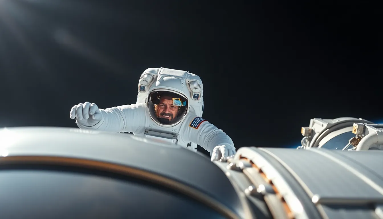 Astronaut Conducting Spacewalk Near ISS