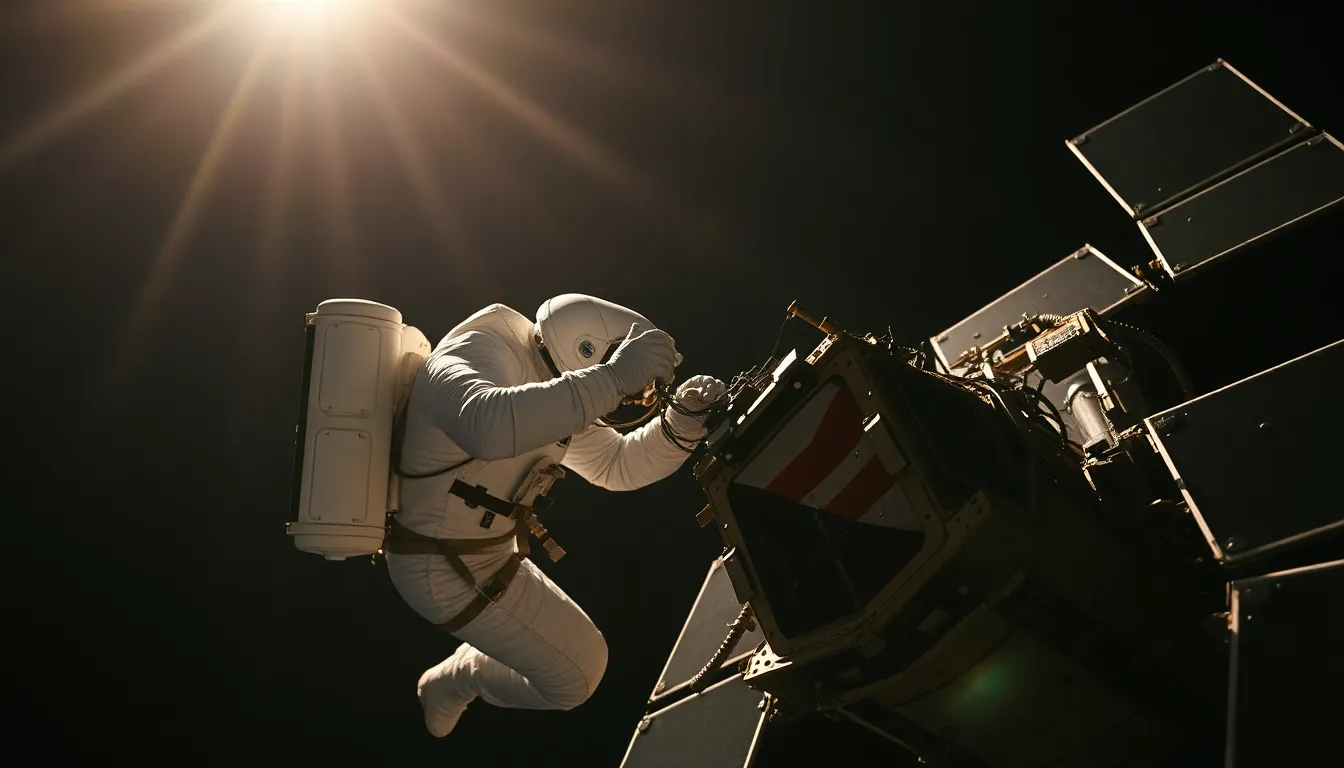 Astronaut Performing Satellite Repair in Space