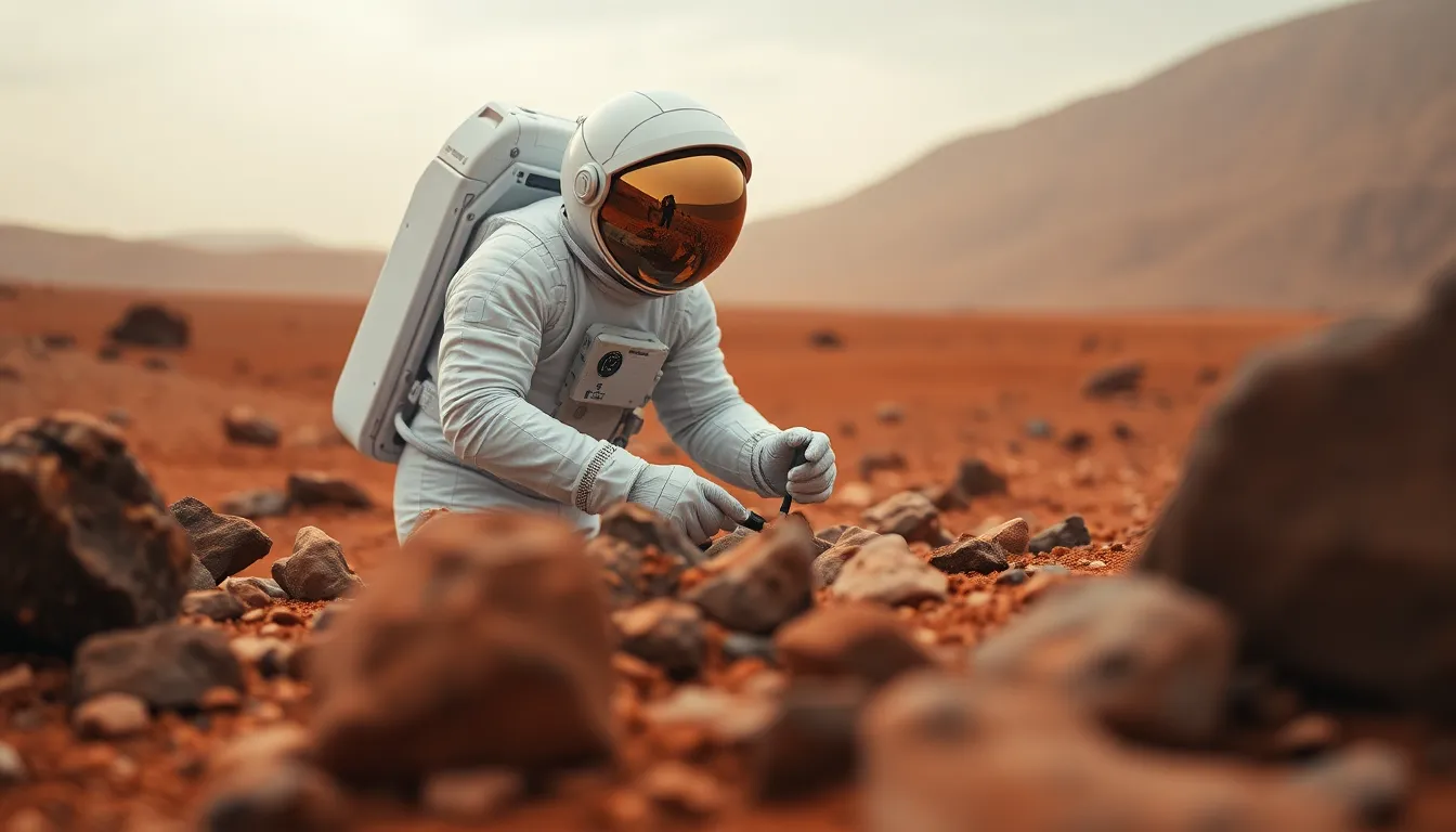Astronaut Experimenting on Mars Surface In this captivating scene, an astronaut diligently conducts experiments on the rusty, dusty surface of Mars. The muted lighting enhances the otherworldly feel, showcasing the unique textures of the Martian landscape. With the astronaut's focus on exploration, the image invites viewers into the marvels of space science. The balance of colors between the red terrain and the stark white suit emphasizes the isolated yet adventurous spirit of space exploration.