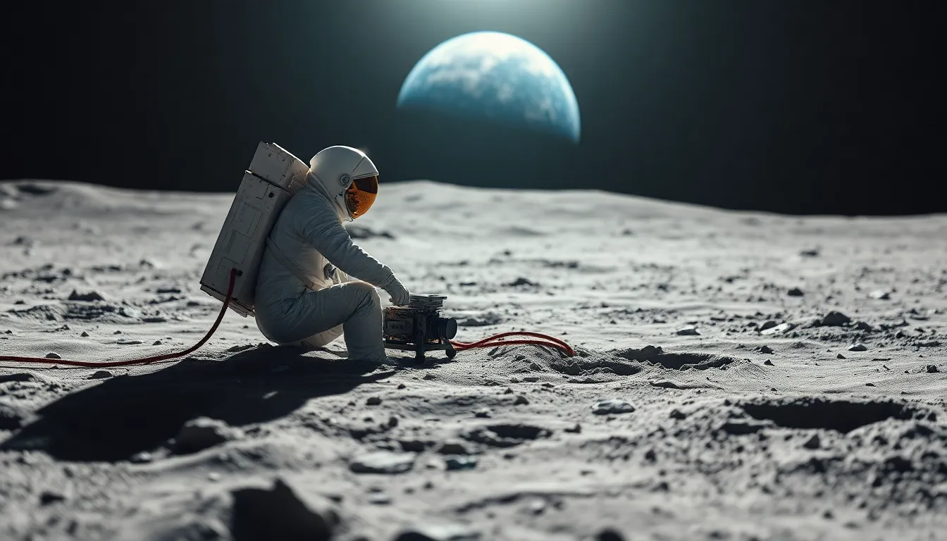 Astronaut Working on Lunar Experiments