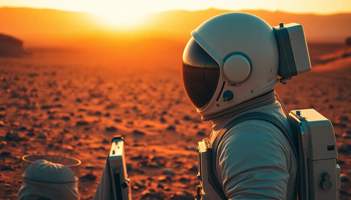 Astronaut Researching on Mars Surface In this captivating scene, an astronaut is seen diligently conducting research on the rusty red surface of Mars. The warm light of the golden hour casts a soft glow over the rugged landscape, emphasizing the textures of both the astronaut’s suit and the Martian terrain. The reflection in the helmet provides a glimpse of the alien world, enhancing the sense of exploration. This image beautifully illustrates the mission of humanity to uncover the mysteries of other planets.