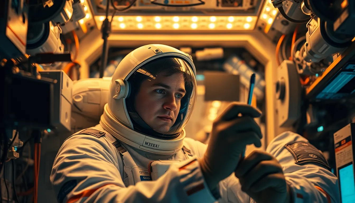 Astronaut Conducting Experiment Inside ISS In this image, an astronaut is deeply focused on a scientific experiment aboard the International Space Station. Surrounded by various floating instruments, the atmosphere reflects curiosity and innovation. Soft daylight bathes the scene, revealing intricate textures of both the astronaut's suit and the equipment, underscoring the meticulous nature of their work. The composition effectively captures the engagement and wonder of conducting research in the unique environment of space.