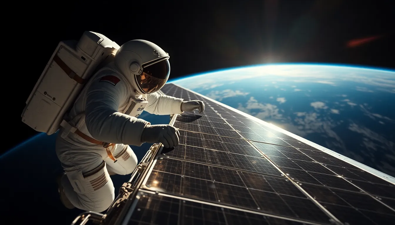 Astronaut Repairing Satellite Solar Panels In this striking image, an astronaut performs a crucial repair on satellite solar panels, with the stunning view of Earth in the background. The intricate details of the suit and panels are captured in sharp focus, illuminated by bright sunlight that creates dramatic shadows. The hyperfocal depth of field ensures every detail is crystal clear, illustrating the technical precision of space maintenance. This photograph encapsulates the skill and bravery involved in space exploration.