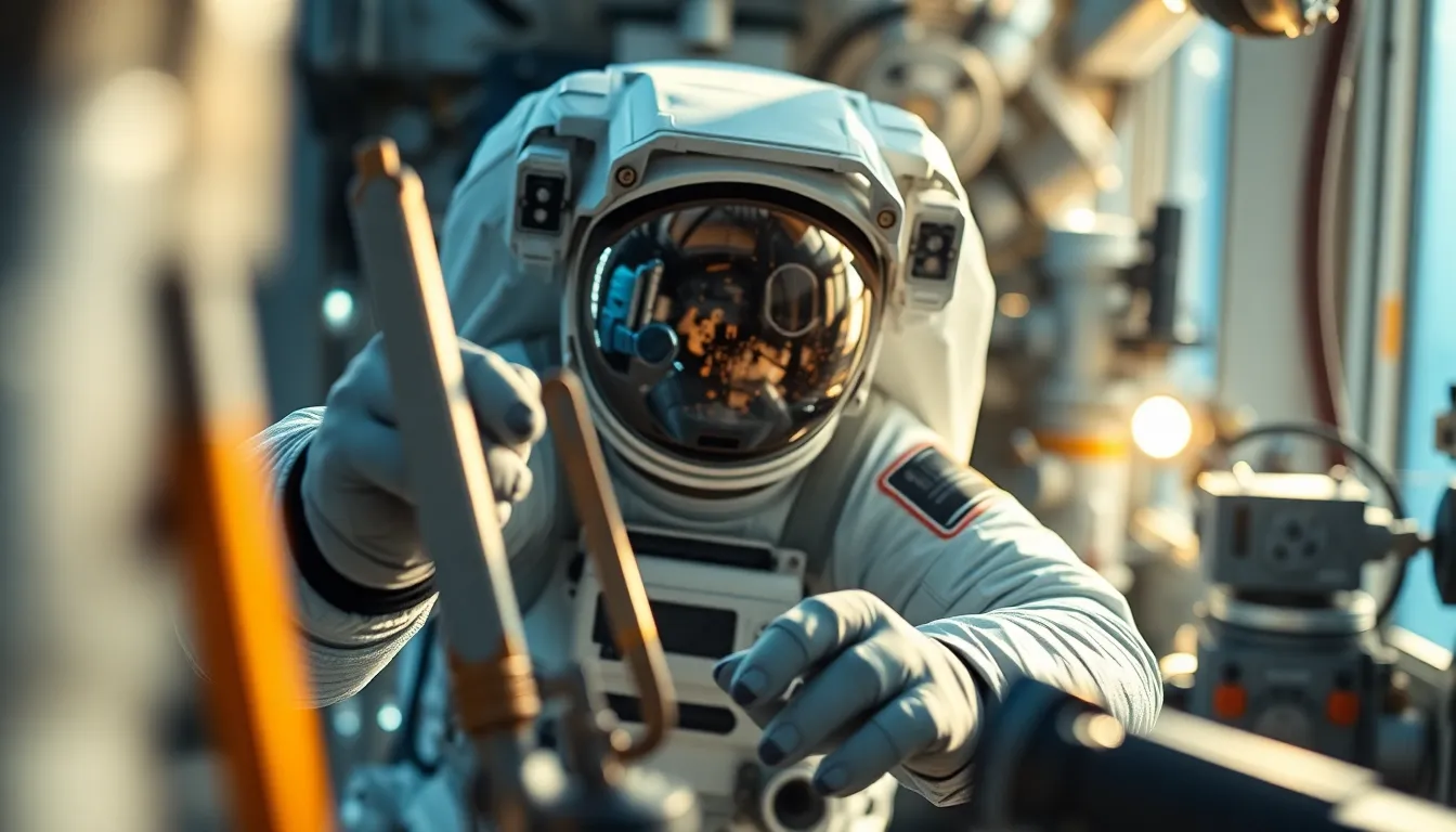 Astronaut Working in Spacewalk with Tools