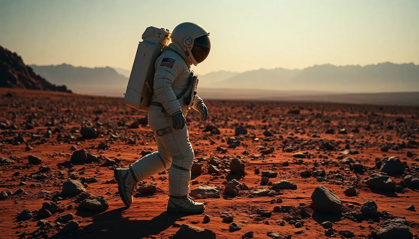 Astronaut on Mars Surface This dynamic image showcases an astronaut performing an EVA (extravehicular activity) on the stark and rugged surface of Mars. The vibrant red hues of the Martian landscape contrast beautifully with the astronaut's white suit, illuminated by the intense sunlight that creates long shadows. With hyperfocal depth of field, the entire scene maintains clarity, highlighting both the astronaut's meticulous work and the distant Martian mountains. This composition powerfully conveys the vastness of space exploration and the challenges faced on other planets.