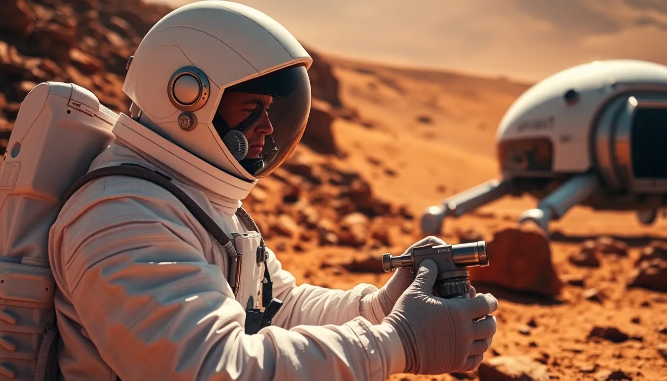Astronaut Conducting Experiments on Mars On the dusty surface of Mars, an astronaut is seen conducting experiments, surrounded by the planet's rugged terrain. The scene captures the essence of scientific exploration, highlighted by the natural diffused daylight that softens the Martian landscape. The color palette of earthy reds and browns sets a realistic mood, while the focus on the astronaut emphasizes the importance of research in space. This image showcases the intersection of human curiosity and the beauty of an alien world.