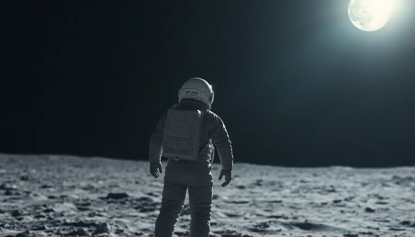 Astronaut Viewing Earth From Moon In this breathtaking image, an astronaut stands on the lunar surface, gazing at the mesmerizing view of Earth in the distance. Soft moonlight bathes the scene, creating an ethereal atmosphere with dramatic shadows. The high contrast black and white color palette, lightly accented with shades of blue and gray, enhances the sense of tranquility and isolation. Positioned according to the rule of thirds, Earth occupies the upper third of the frame, emphasizing the grandeur of the scene and the smallness of the astronaut in contrast to the vast universe.