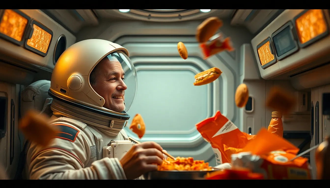 Astronaut Enjoying Meal in Spaceship Galley