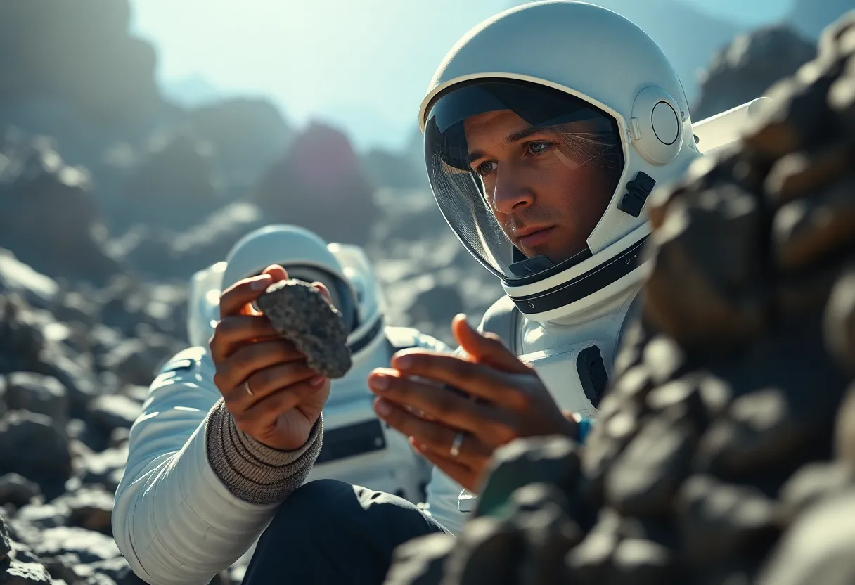 Astronaut Collecting Samples on Asteroid