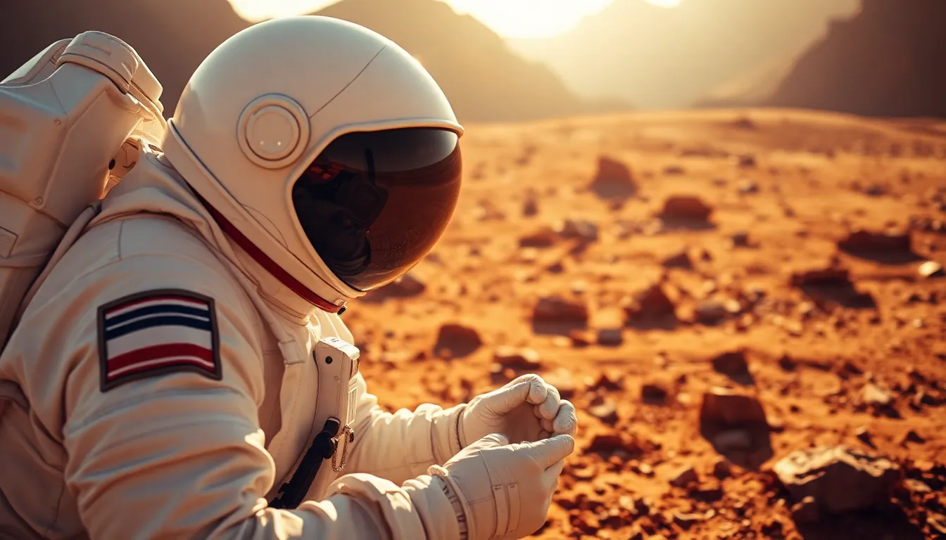 Astronaut Examining Samples on Mars A lone astronaut meticulously examines Martian soil samples on the red planet's surface, encapsulated by a stunning orange and red wasteland. Warm sunlight bathes the terrain, casting soft shadows and emphasizing the rugged landscape's texture. The contrasting clarity of the helmet against the bokeh background evokes a sense of isolation and discovery. This captivating scene illustrates the arduous yet fascinating quest of exploring other worlds.