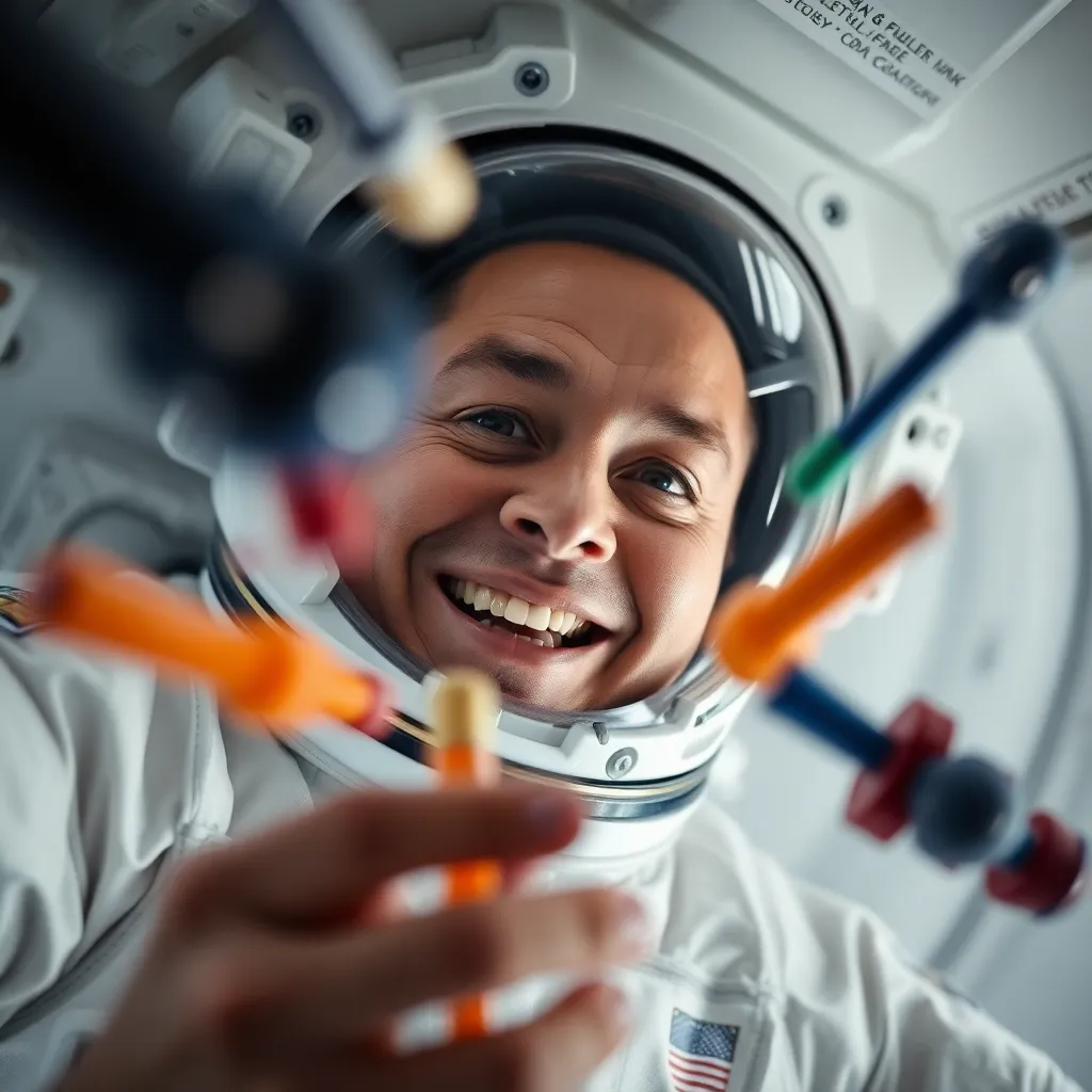 Astronaut Playing with Floating Tools This delightful image captures an astronaut in a moment of playfulness, delighting in the experience of microgravity aboard a spacecraft. Soft, diffused lighting sets a warm tone, highlighting the astronaut's joyful expression as tools float playfully around. The vibrant colors of the tools pop against the sleek white interior, adding a touch of whimsy to the scene. This image captures the lighter side of space exploration, with an emphasis on human emotion and discovery.