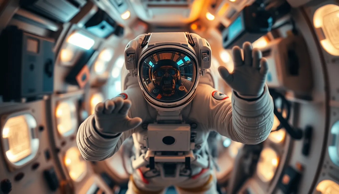 Astronaut in Zero Gravity Inside Space Shuttle